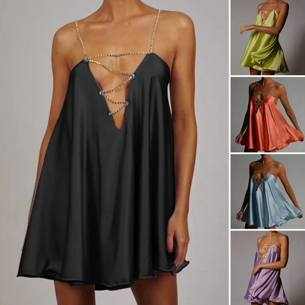 Backless Sling Dress Deep V Lightweight Rhinestone Chain Mini Dress for Party