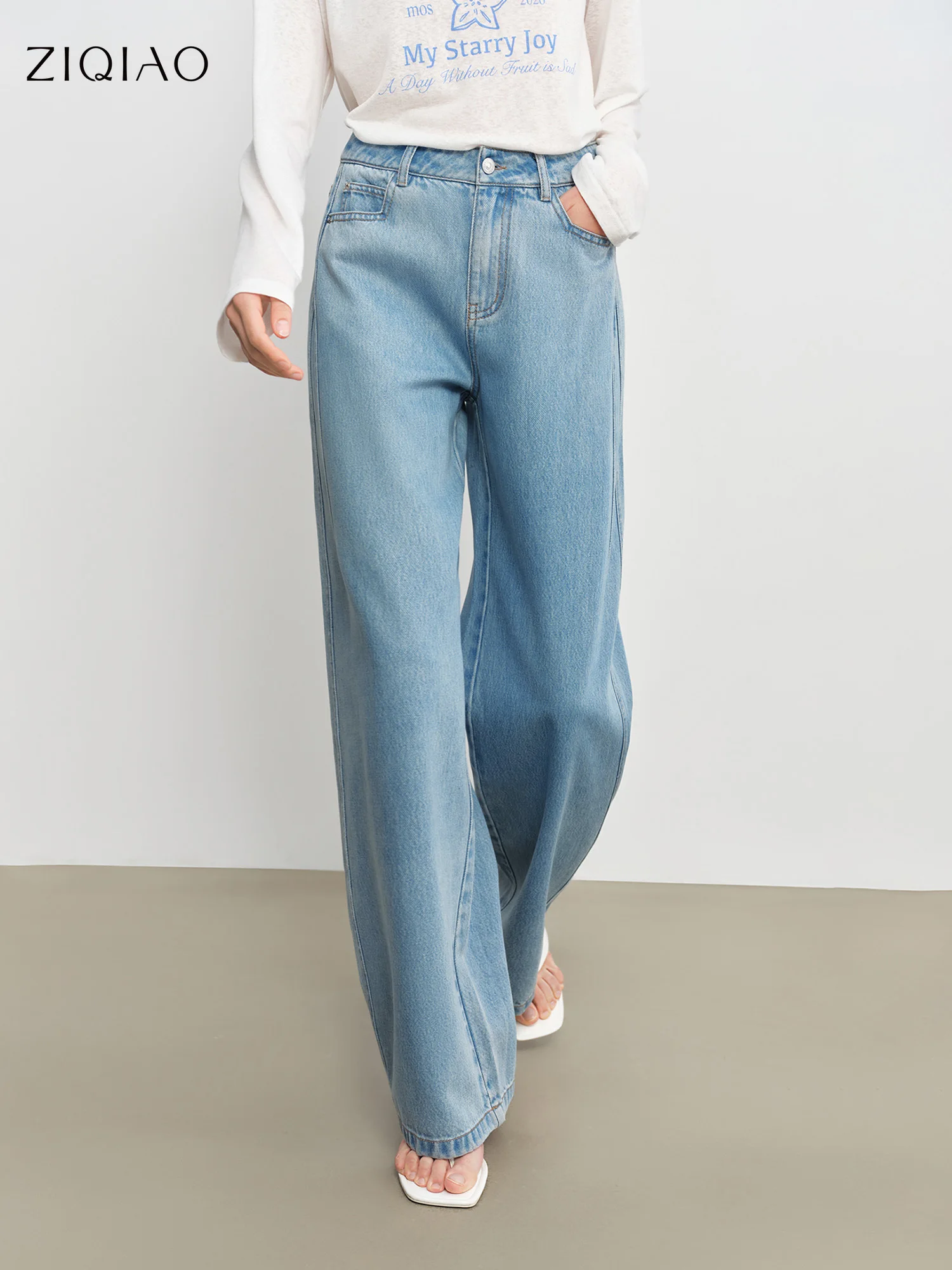 

ZIQIAO 2026 Новые весенние укороченные светло-голубые и белые прямые брюки из денима, повседневные штаны-джинсы для ежедневной носки, шикарные