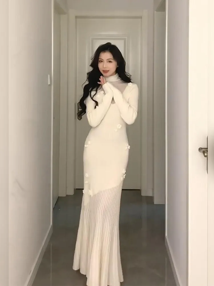 Fall Fashion Turtleneck Beige Knit Dress Long Sleeve Crochet Flower Mermaid Long Dress Big Size Women Bottoming Sweater Dress