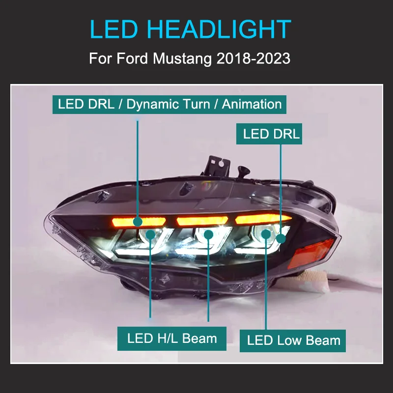 مجموعة المصابيح الأمامية LED لسيارة فورد موستانج 2018-2023 المصابيح الأمامية التوصيل والتشغيل LED DRL الديناميكي تحول مصابيح أمامية كاملة #5
