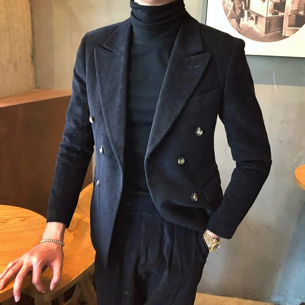 

Black Corduroy Men's Suits 2 Piece Double Breasted Peak Lapel Outfits Formal Wedding Tuxedo Fashion Casual Slim Daily Male Suit