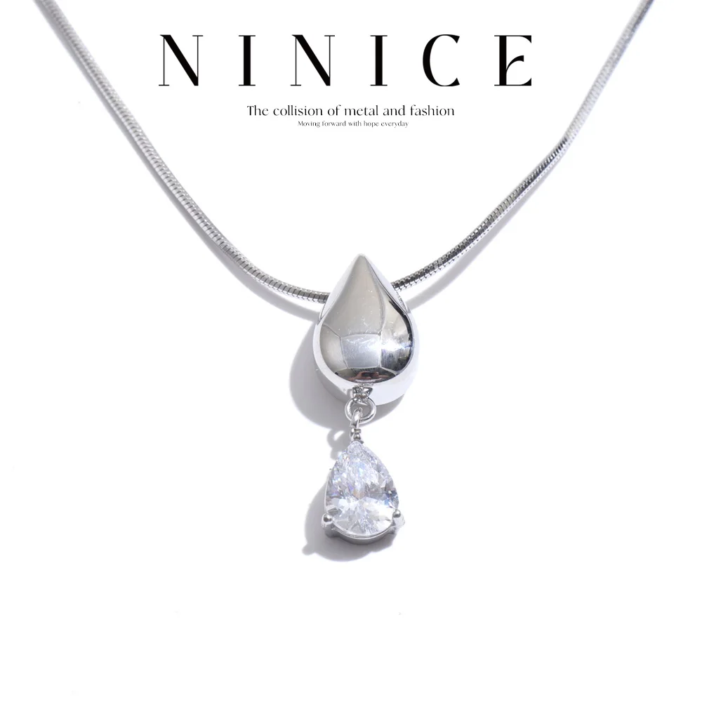 NiNice Stainless Steel Water Drop Cubic Zirconia Pendant Necklace Rust Proof Dainty Trendy Aesthetic Jewelry Daily Party