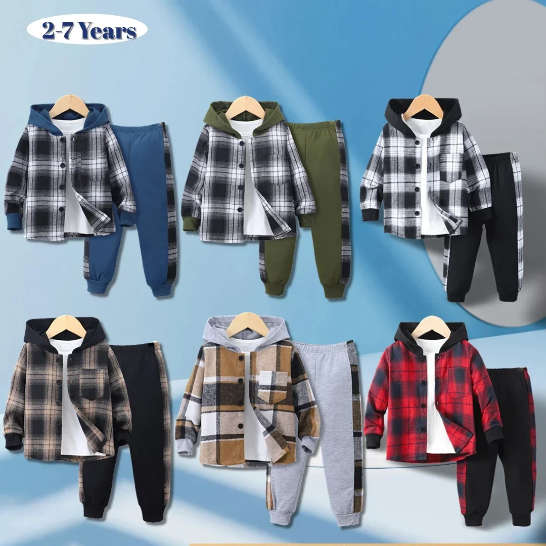 2024 Autumn Plaid Set for Children Kids Boy Clothes 3-7Y Long Sleeve Checker Hoodie Casual Boys Outfit