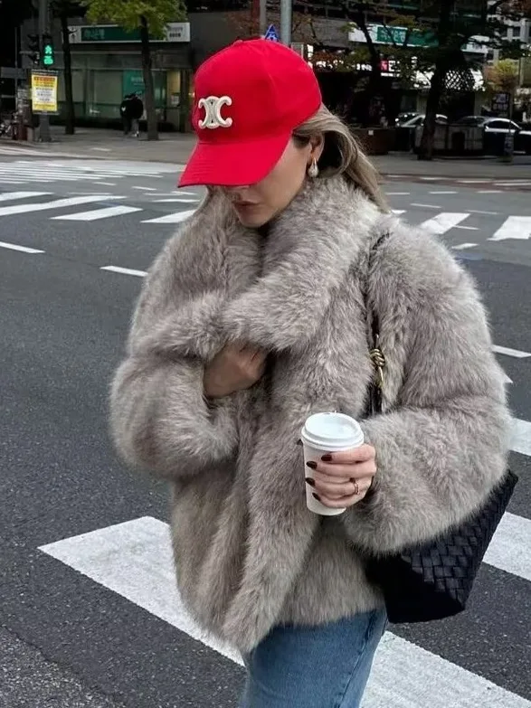 Women Fluffy Faux Fur Short Jacket Coat Autumn Winter New Lapel Long Sleeve Thick Warm Soft Jacket Elegant  Warm  Outerwear