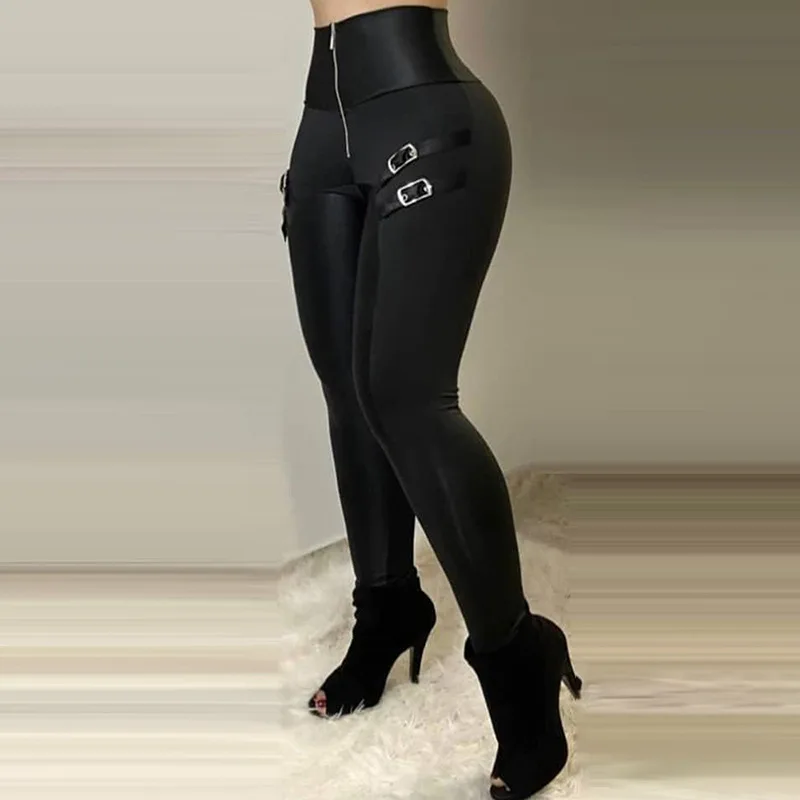 Ladies Black Leggings Trousers High-Waisted Casual Tight Pants Zipper Buckle Design Solid Color Female Cropped Trousers
