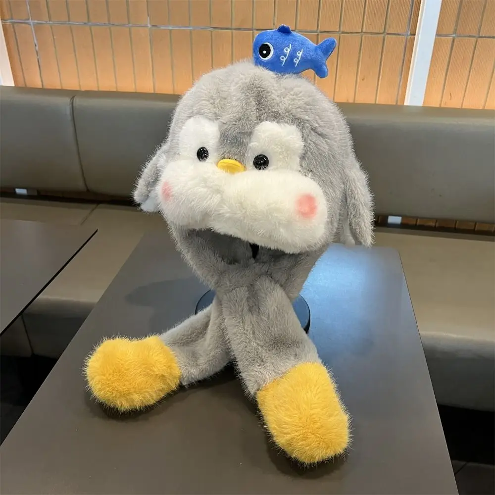 

Fluffy Ear Protection Cap Solid Color Windproof Children Pullover Cap Thickened Fleece Lined Cartoon Penguin Hat Cold Weather
