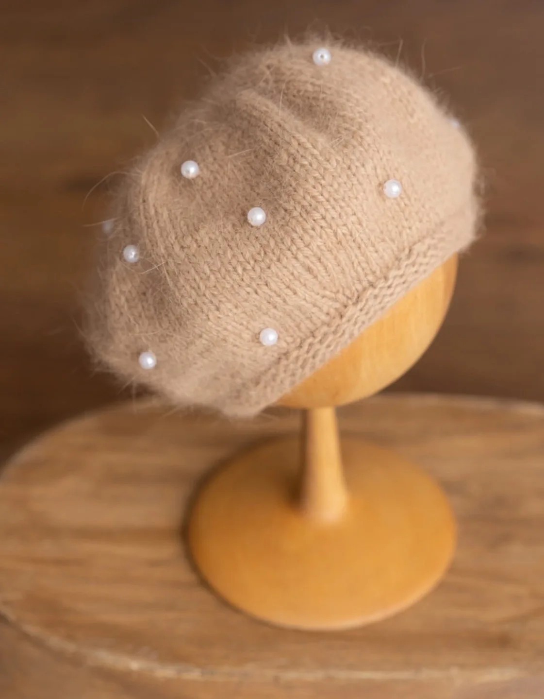 Women Knitted Beret Hat with Pearls Cute Rabbit Ear Fluffy Mohair French Style Warm Winter Beanie for Girls Ladies