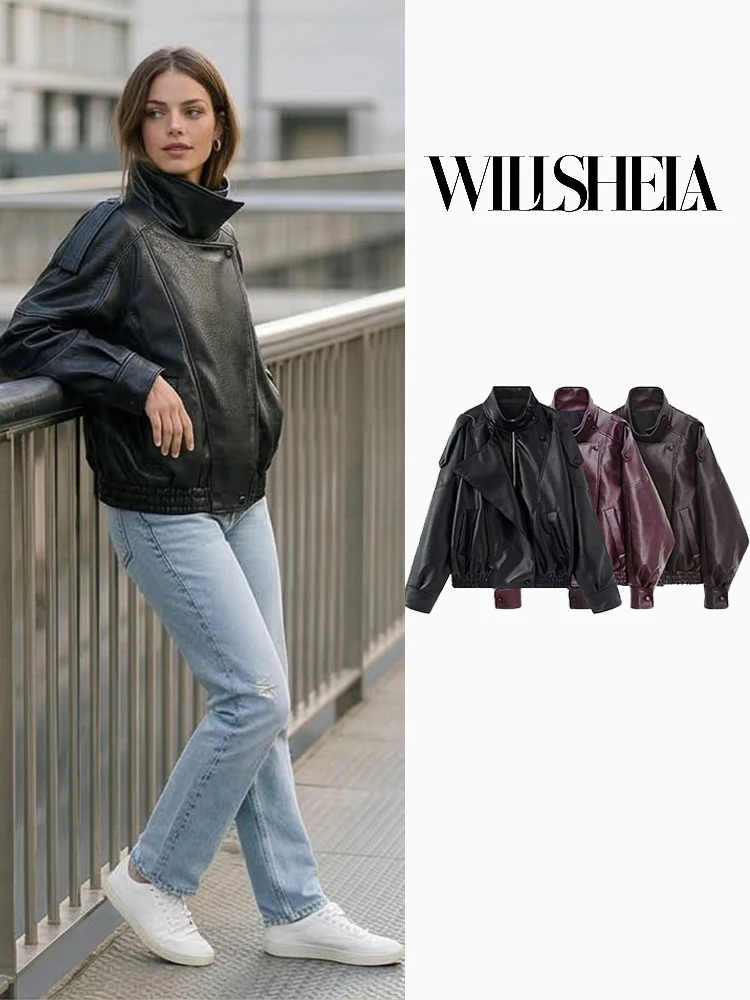 Willshela Women Fashion PU Solid Front Zipper Jackets Vintage High Neck Long Sleeves Female Chic Lady Outfits