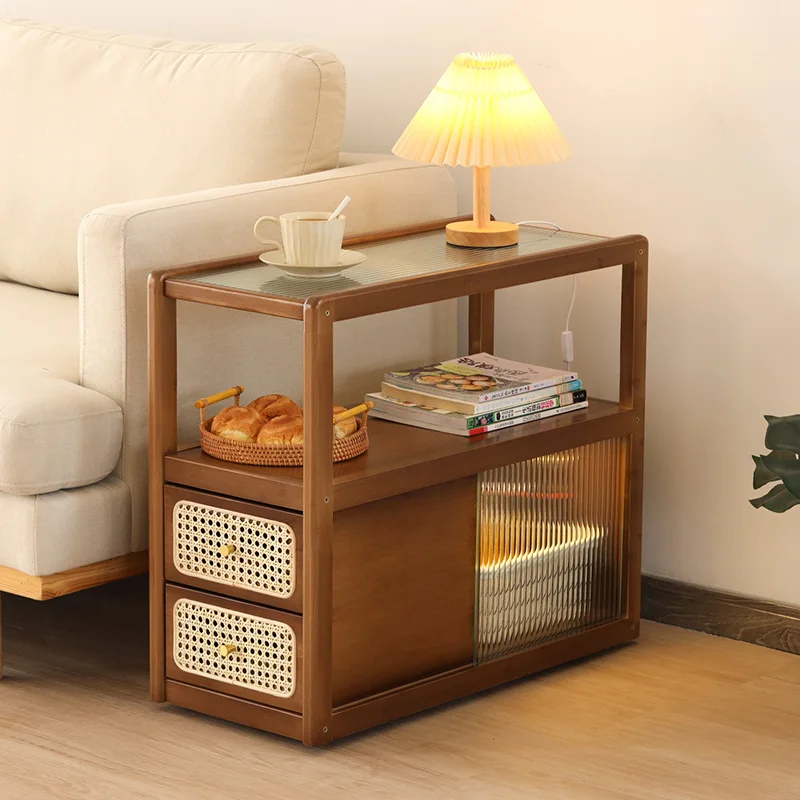 Japanese-style glass movable side table, rattan woven sofa side cabinet, side cabinet, living room walnut small coffee table