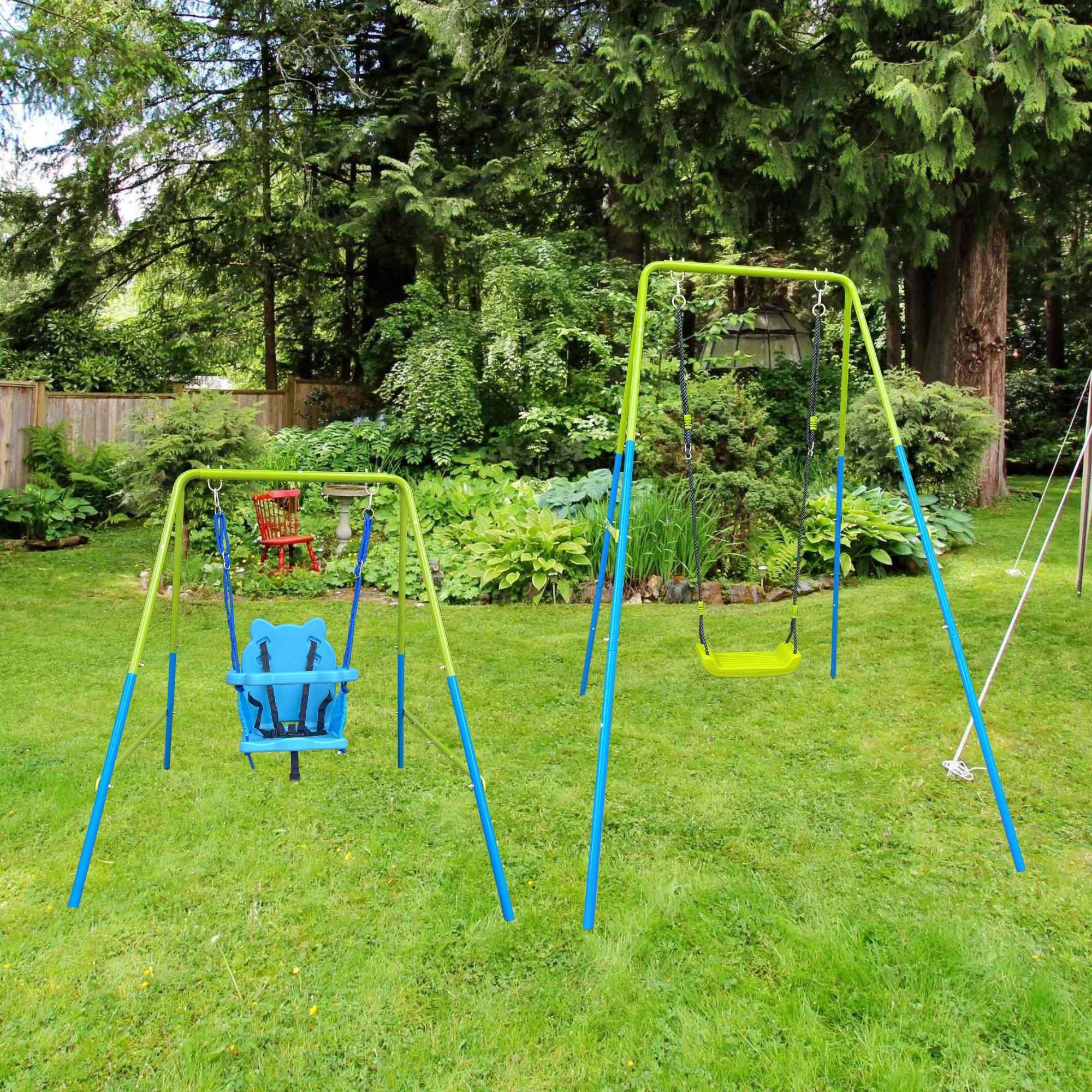 green and blue interesting 2 in 1 baby swing mental plastic safe swing set 110lbs for outdoor playground for age 3+