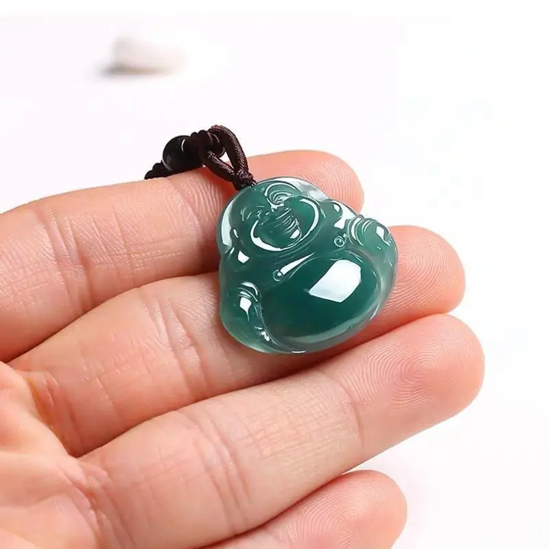 [Wutian ] Natural Grade A Jadeite Blue Water Buddha Pendant 18K Gold Inlaid with Ice-Type Jade Women's Necklace