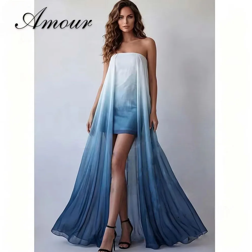 Amour Charming Evening Gradient Blue Asymmetrical Hem Prom Dresses Backless Ankle Length Chiffon Party Dresses Customized 2026