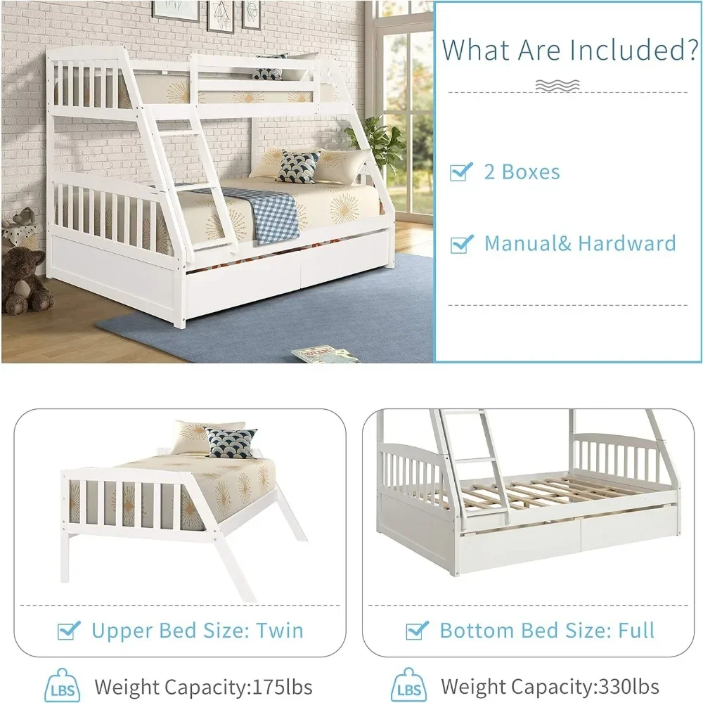 Solid Wood Twin Over Full Bunk Bed with Two Storage Drawer, Removable Ladder and Safety Guardrail for Kids, Teens, Adults