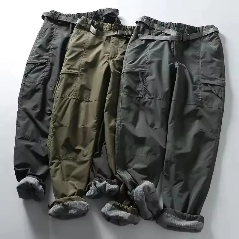 

Men's Winter Fleece Outdoor Pants Solid Color Cargo Pants Straight Leg Zipper Pocket Joggers Basic Style Windproof Male Trousers