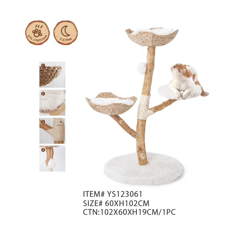 Modern Cat Tree Multi Level Natural Wood Cat Tower Unique Design Easy Climb For Small And Old Cats