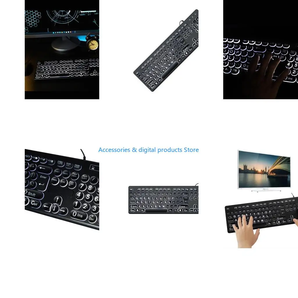 77JD Big Print Letter with White Illuminated LED USB Cord Backlit Keyboards 104Keys