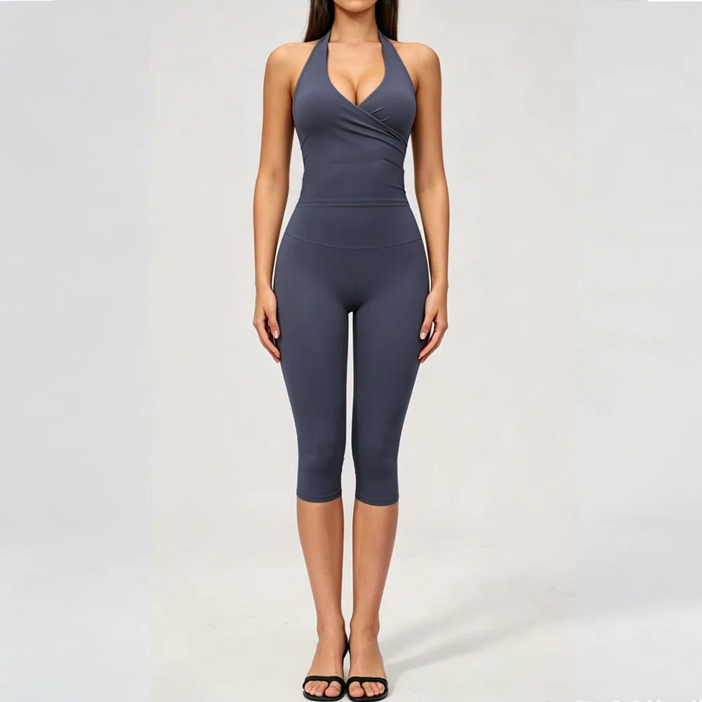 Yoga Set 2PCS Women Tracksuit Sports Set Fitness Outfits Sportswear Workout Clothes Running Capri Pants Gym Suit Athletic Wear