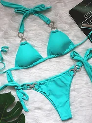 2025 Bikini brillante con diamantes de imitación, traje de baño para mujer, traje de baño femenino, conjunto de Bikini de dos piezas, traje de baño con cuello Halter, ropa de playa para nadar