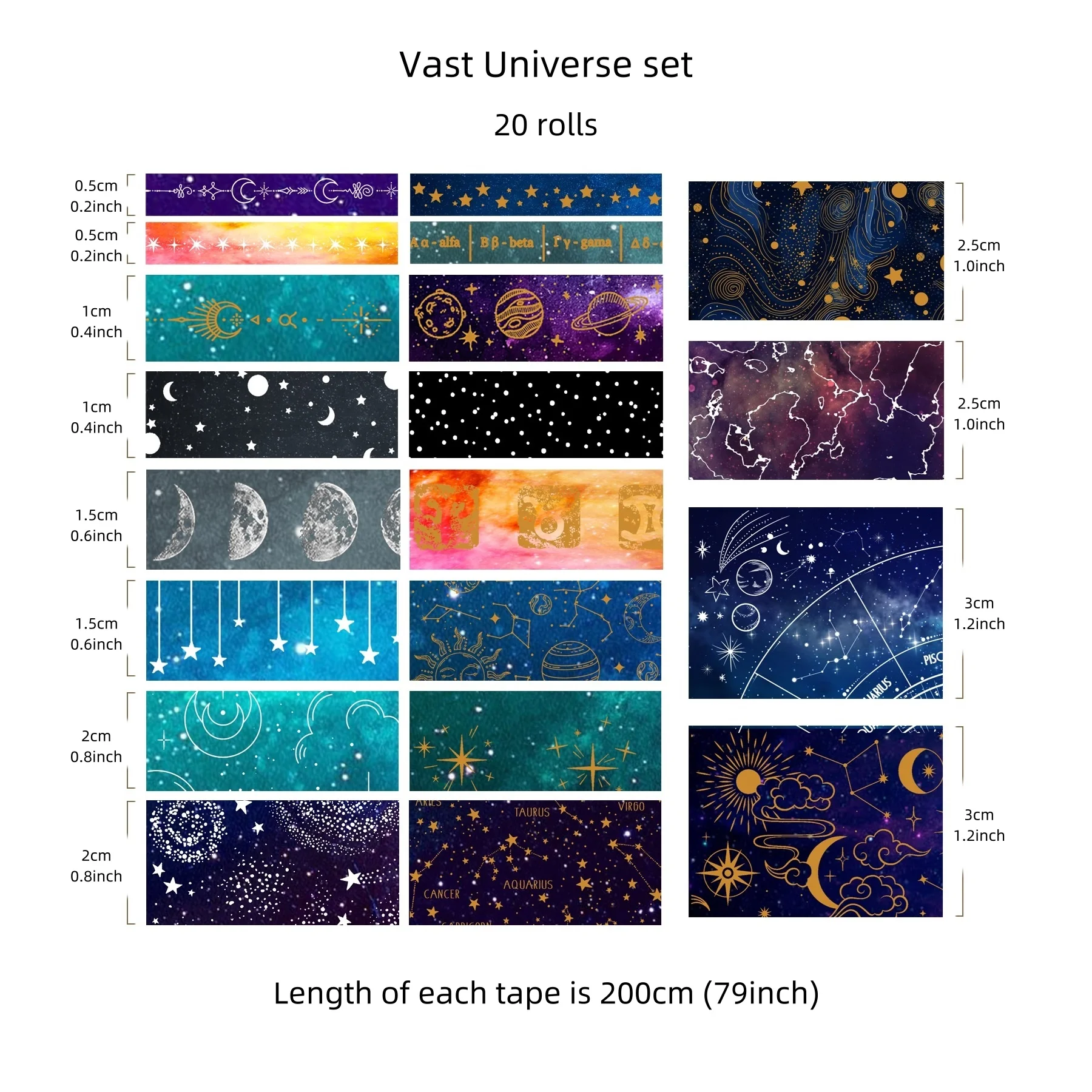 20 Rolls Vast Universe Washi Tape Set Galaxy Star Moon Gold Silver Stamping Adhesive Masking Tapes Decoration Stickers A7603