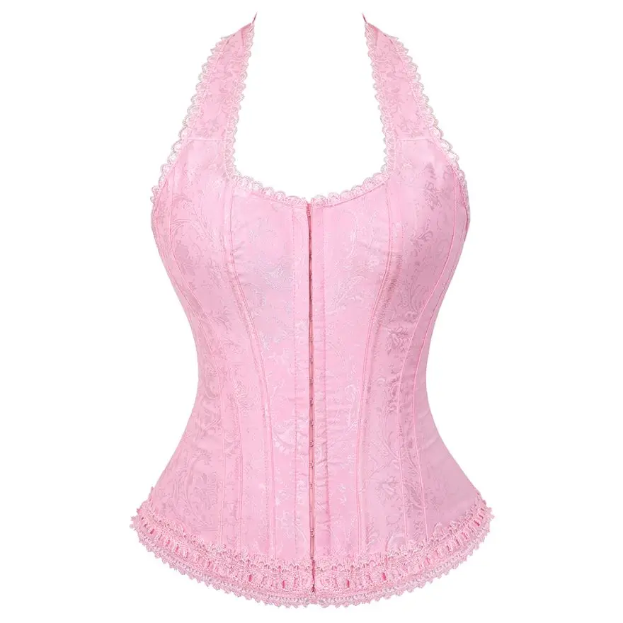 Pink Corset Top Lace Floral Halter Corsets and Bustiers Women Bustier Brocade Burlesque Waist Cincher Sexy Lingerie Plus Size