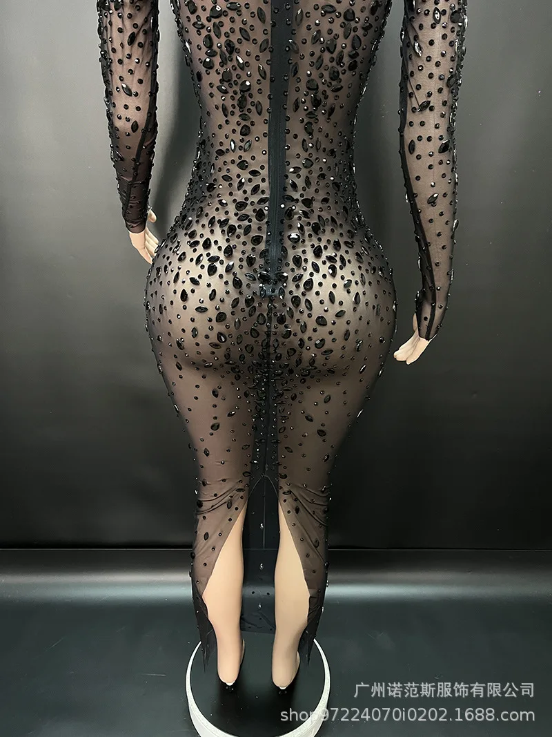 High-end Black Rhinestone Temperament Dress Annual Meeting Women's High-end Dress Black Trendy Catwalk Robe Soirée Femme Mariage