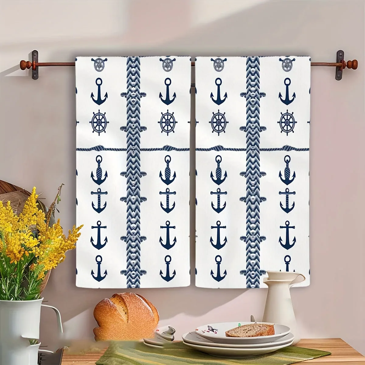 2PCS Nautical Anchor Towels | Blue & White Modern Napkins | Textured Fabric for Kitchen Decor & Dinner Party Setup
