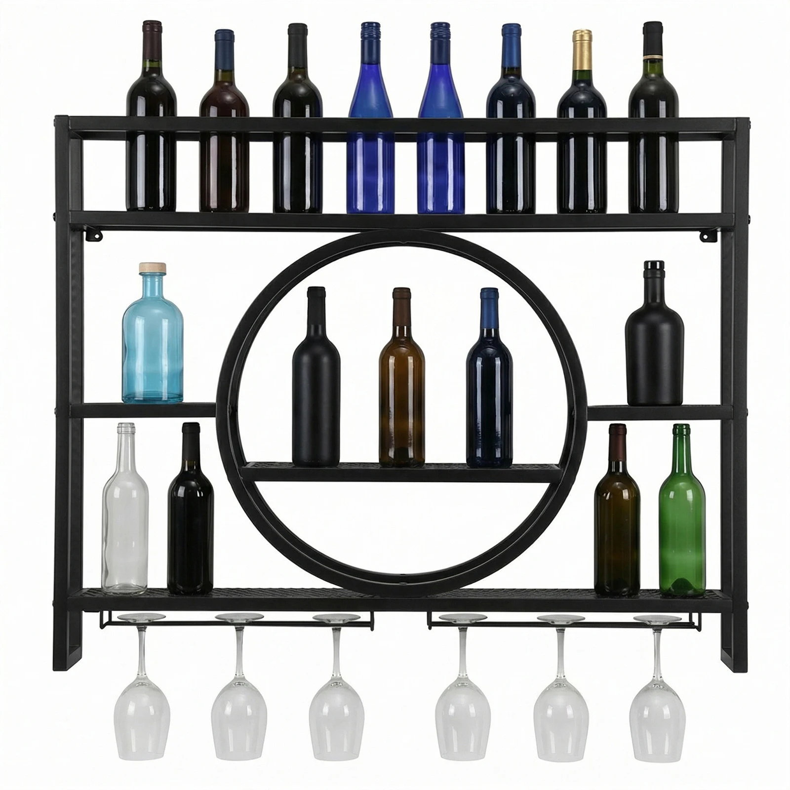 

Wine Display Storage Holder Metal Wall Mounted Wine Rack 3 Tier with LED Light with Wine Glass Holder for Home Bar Dining Room