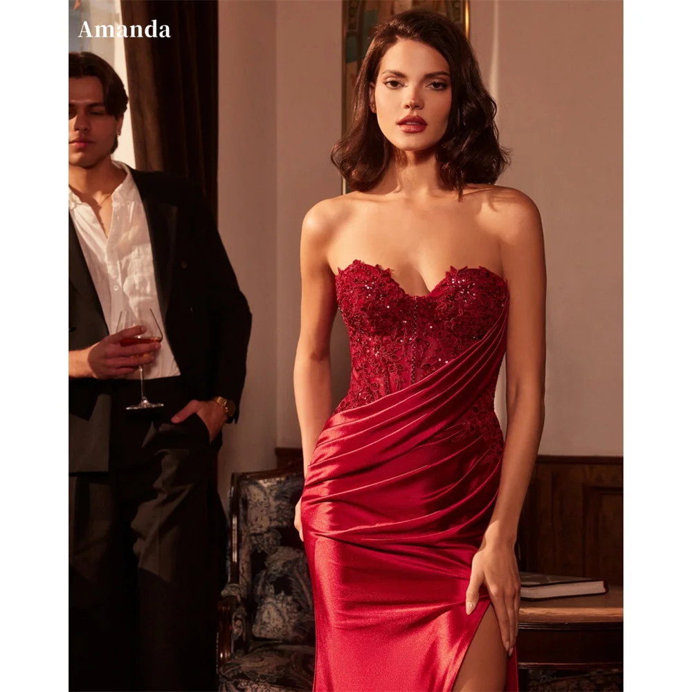 

Amanda Customized Shiny Burgundy Beading Sheath Prom Dress Strapless Pleats vestidos de noche Split Court Train Formal Evening