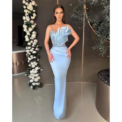 Sexy Sky Blue Mermaid Evening Dresses Spaghetti Beads Pleats Formal Party Prom Dress Red Carpet Dresses for Special Occasion