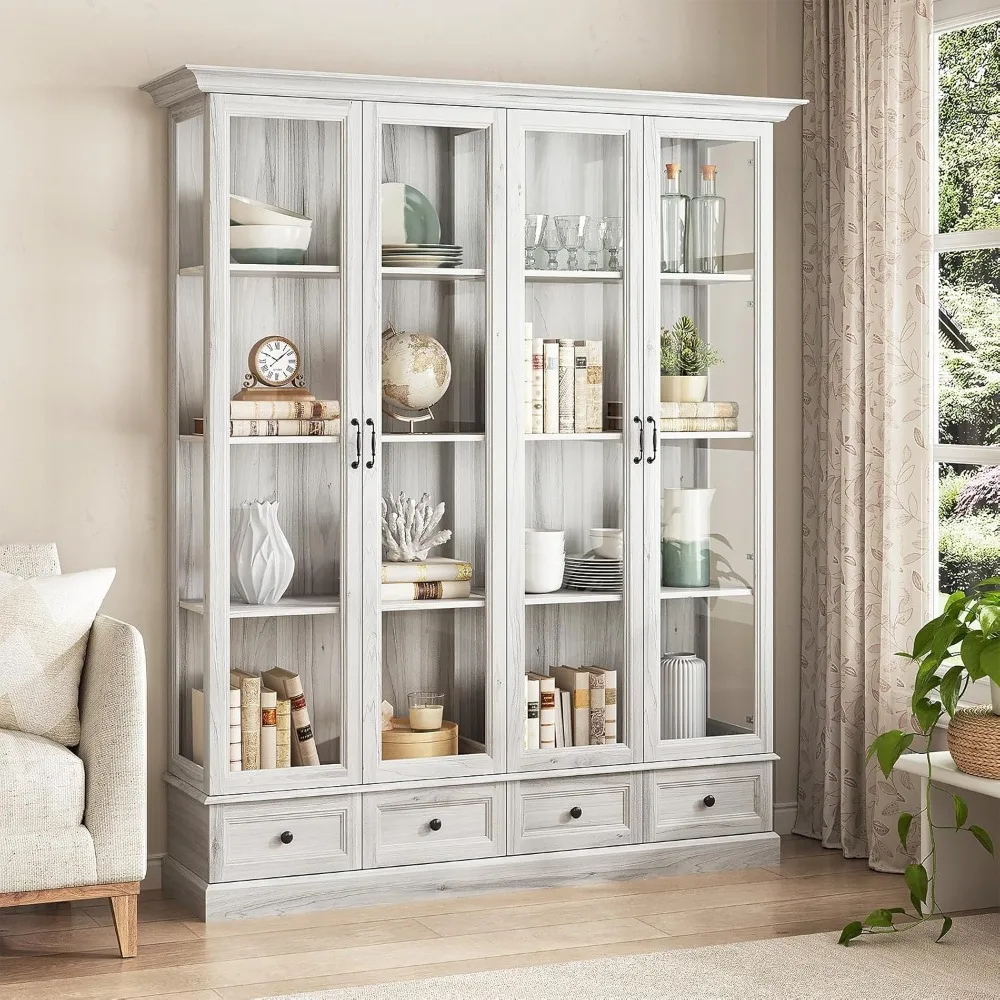 

78" Large Storage Cabinet with Glass Doors,China Hutch,Farmhouse Kitchen Pantry, 4-Tier Display Cabinet with Adjustable Shelve,
