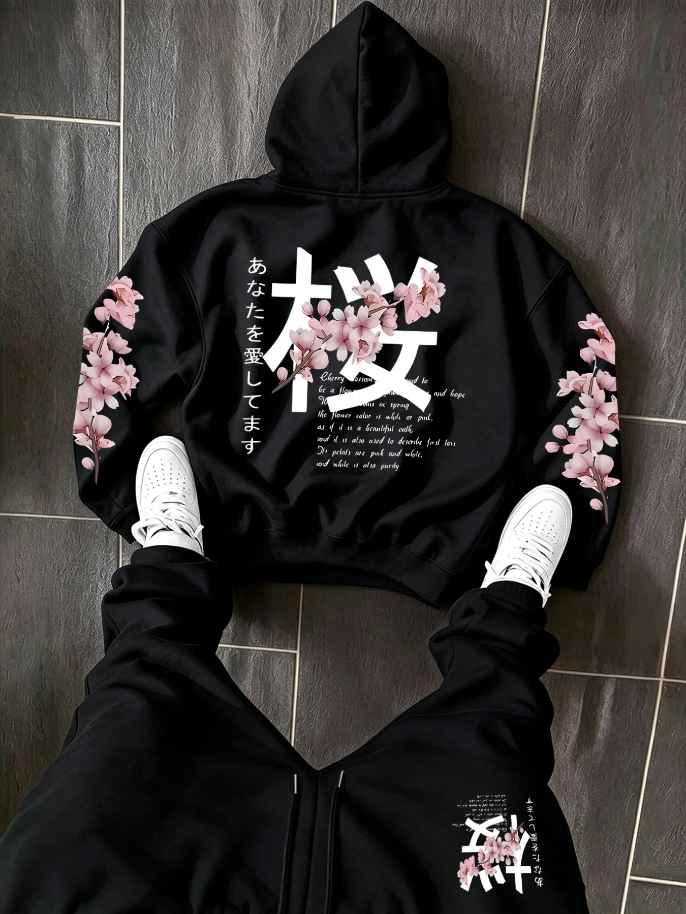Autumn Winter Men Two-PieceOutfitCherry Blossom FlowerGraphic Hooded Sweatshirt and Elastic Waist Jogging Pants Sports Tracksuit