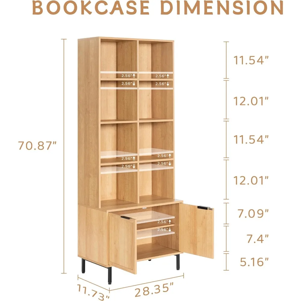 Estante de madeira ajustável de 4 camadas estilo fazenda com portas, armário de armazenamento para sala de estar, escritório, cozinha
