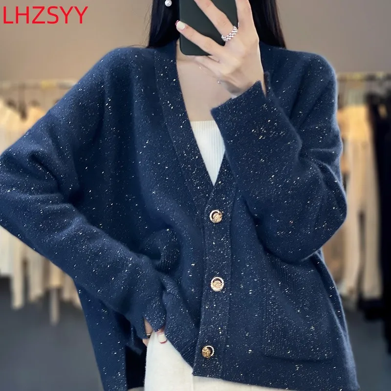 Women\'s Jacket New 100% Pure Wool Cardigan Autumn V-neck Color Dots Large Size Sweaters Coat Loose Knit Thick Shirt High-end Top