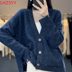 Women's Jacket New 100% Pure Wool Cardigan Autumn V-neck Color Dots Large Size Sweaters Coat Loose Knit Thick Shirt High-end Top