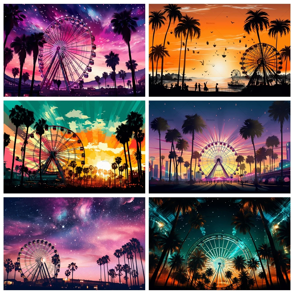 

Summer Tropical Seaside Ferris Wheel Backdrop Custom Sunset Beach Photography Background Birthday Party Decoration Banner Poster