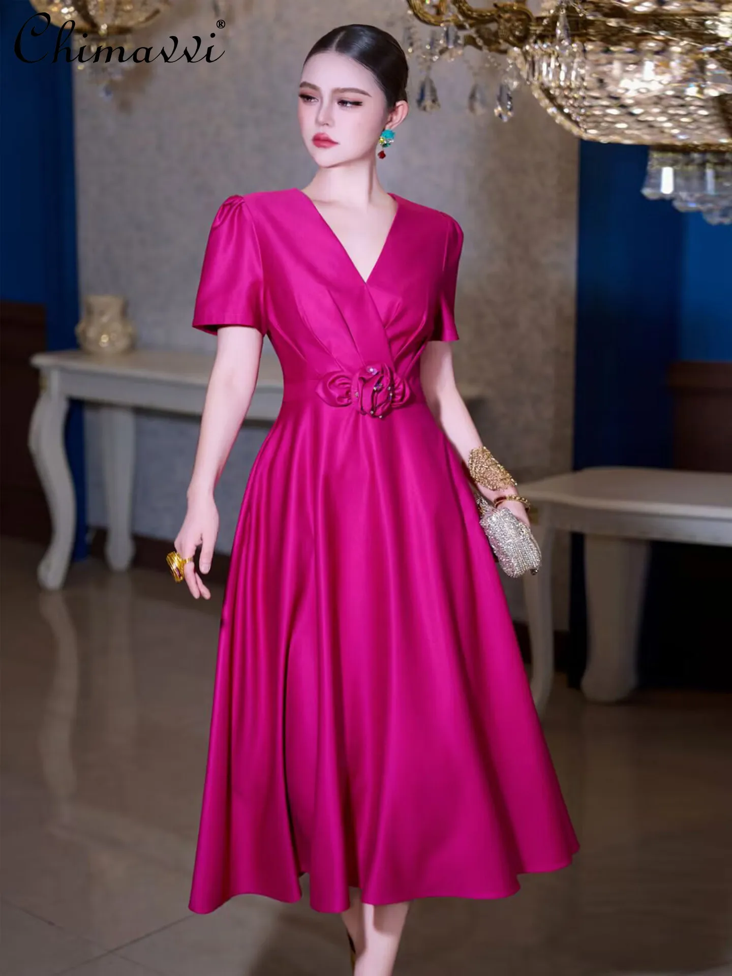 

High-end Banquet Host Dress 2026 New Spring Fashion V-neck Short Sleeve High-waist Retro Elegant Slim Mid-length Dresses Women