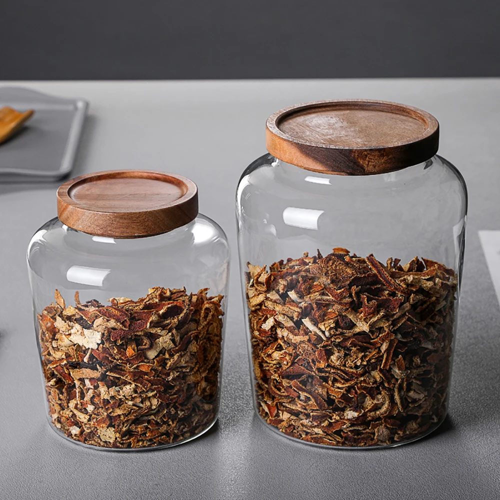 Kitchen Storage Bottles Jar Glass Airtight Canister Grains Tea Coffee Beans Grains Candy Jars Wood Lid Containers Food Container