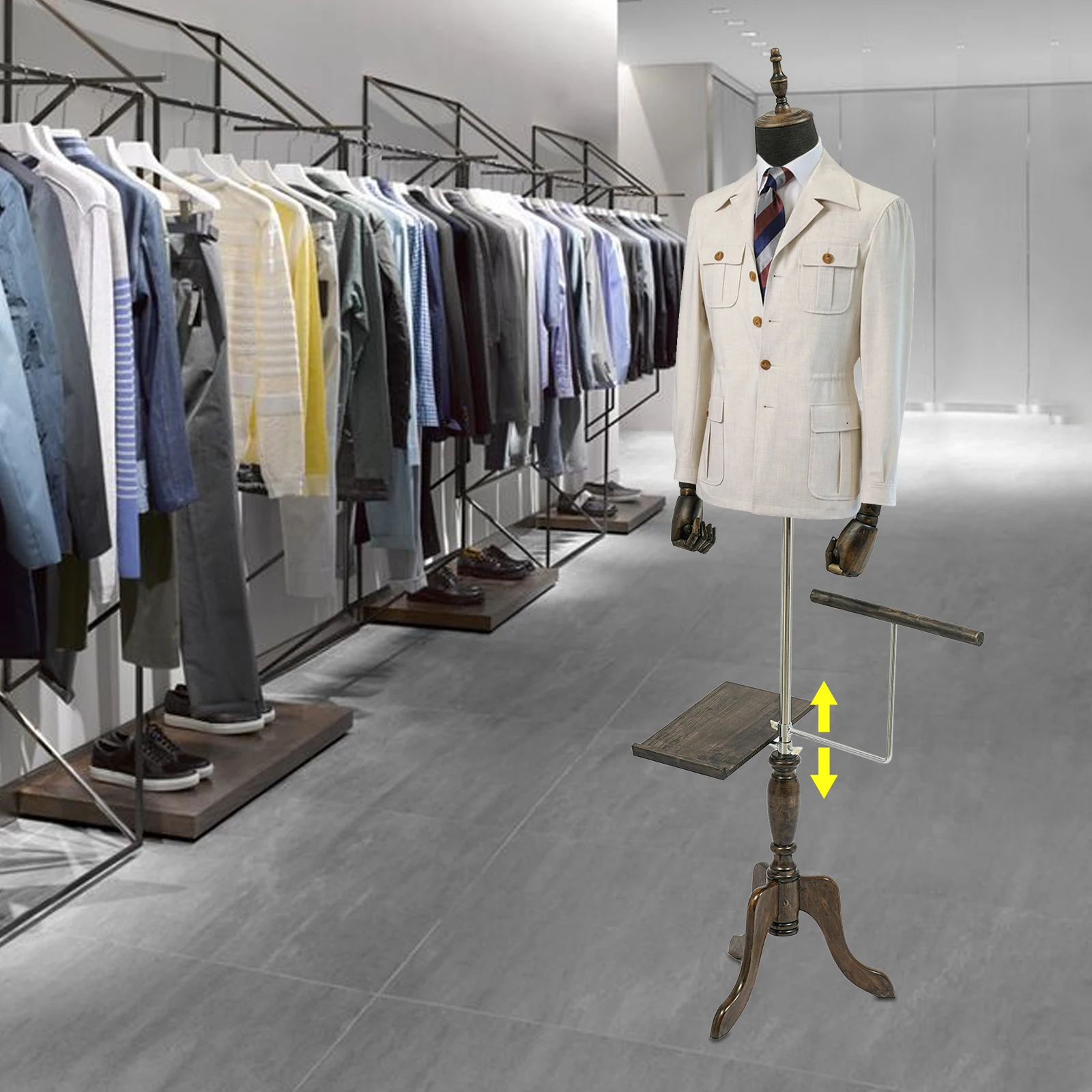 

Черная деревянная регулируемая модель-манекен для демонстрации одежды (150-180 см) с вешалкой для брюк, держателем для обуви, антикварная, на трех ножках, мужская демонстрационная стойка