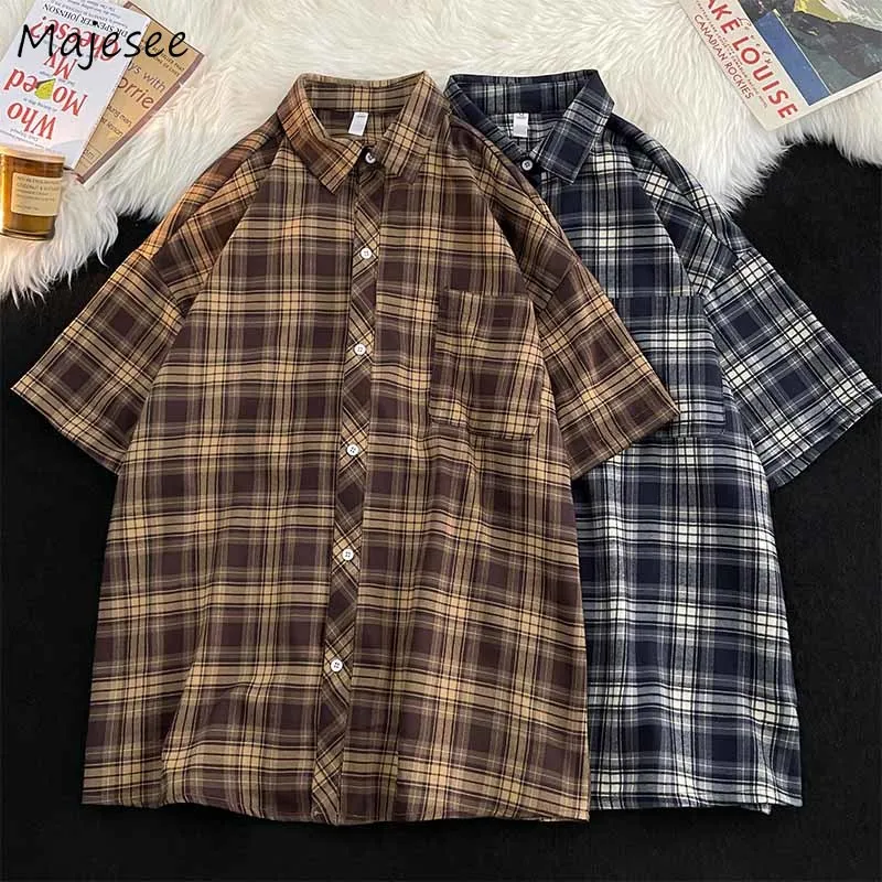 

Plaid Shirts Men Preppy Summer Thin Harajuku Breath Baggy Korean Fashion Vintage Clothes Camisas De Hombre Handsome All-match