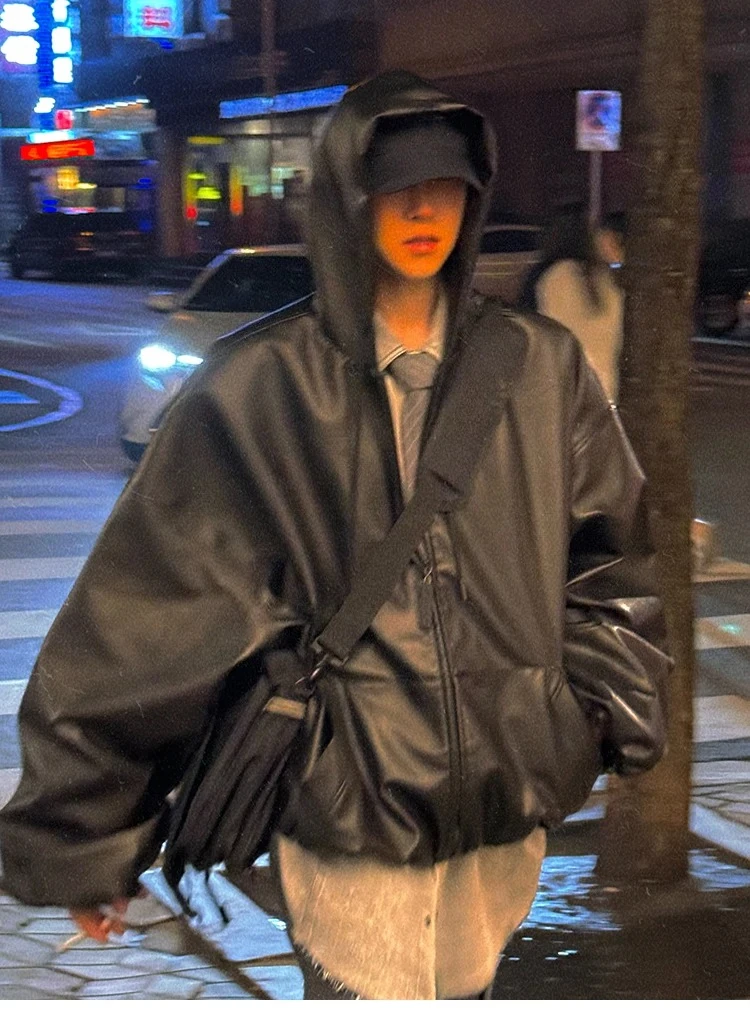 

Korean Fashion Short Oversized Black Soft Pu Leather Jacket Coat Women Winter Hoodie Zipper Jacket Loose Casual Clothes