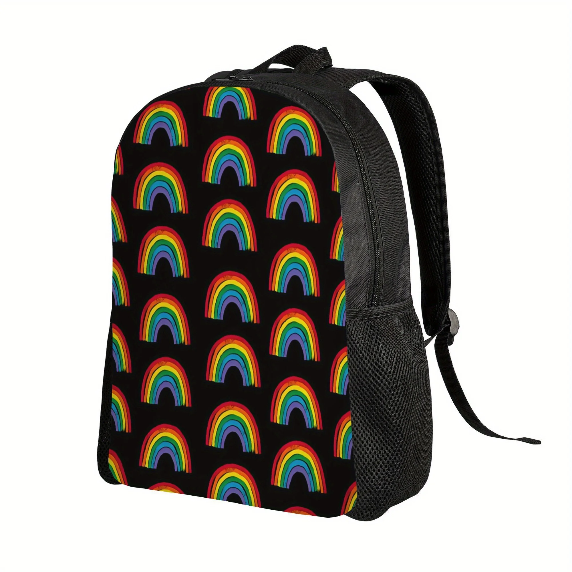 

Large Capacity Rainbow Design School Backpack - Black backpack with colorful rainbows, padded shoulder straps