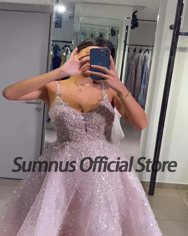 Sumnus-vestido de noche de tul brillante para niña, traje con tirantes finos, cuello en V, fiesta, graduación