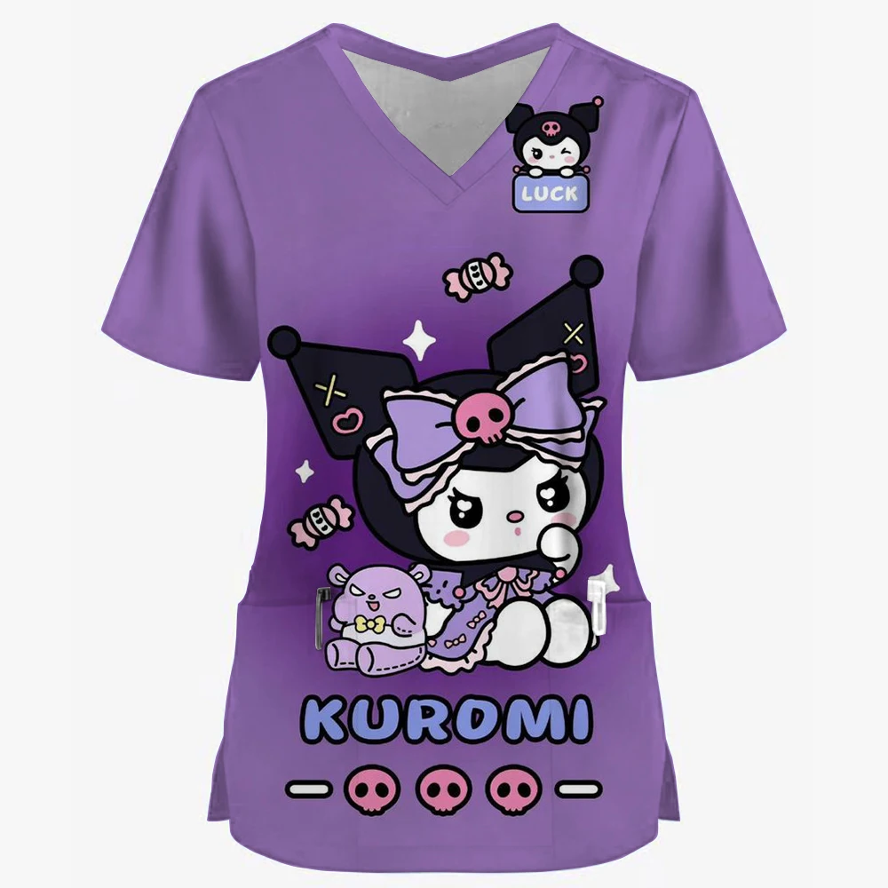 Kuromi Sanrio Hello Kitty Pocket Woman Clothing Summer Cartoon Women T-shirts T-shirt Nurse Uniform V Neck 3D Print Hospital New