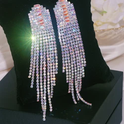 New Shiny Rhinestone Long Tassel Earrings for Women Fashion Luxury Crystal Drop Earrings Female Wedding Daily Pendant Jewelry