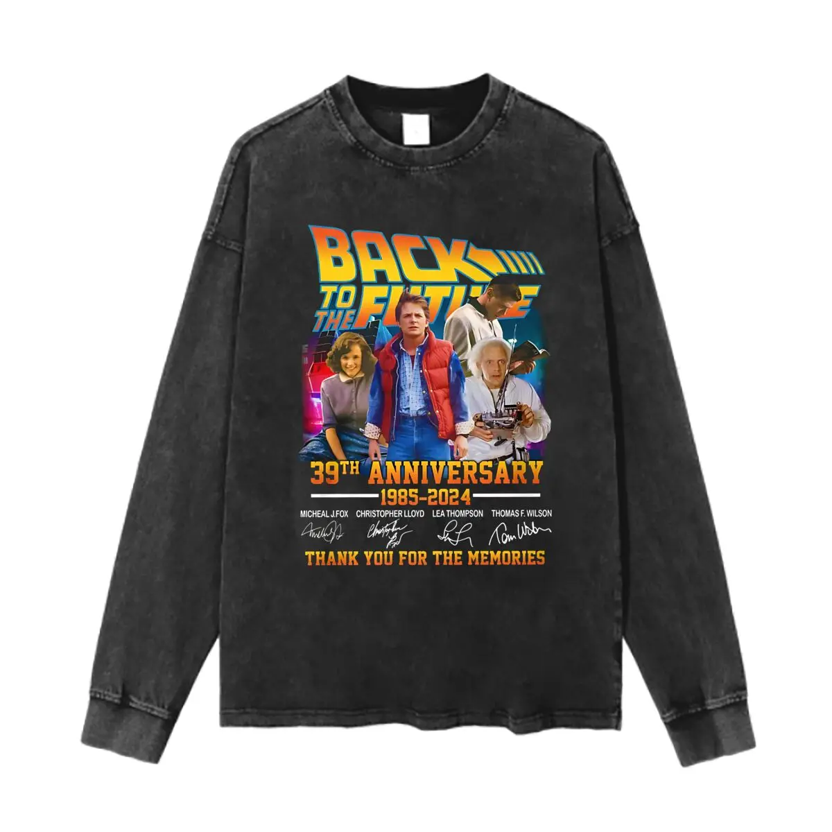 Back to the Future 39th Anniversary Washed Cotton Vintage Solid O Collared Long Sleeve T Shirt For Men & Women