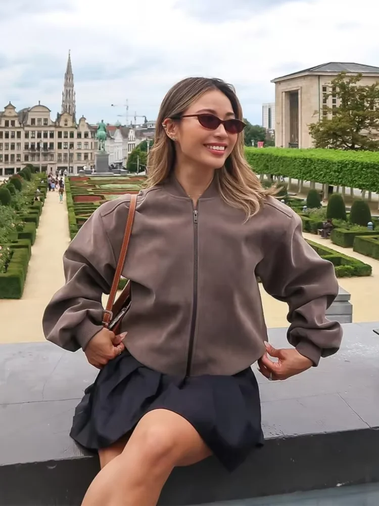 

Solid Lapel Short Suede Jacket Women Casual Full Sleeve Stand Collar Zipper Loose Cropped Jackets 2026 New Spring Commute Coat