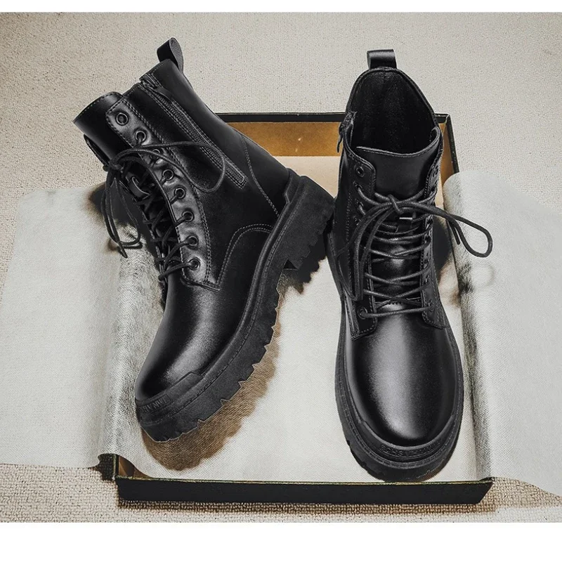 2025 Men's British-Style Chelsea Combat Boots Mid-Calf Leather Work Shoes Side Zipper Wide Fit Non-Slip Comfort Footwear for Men
