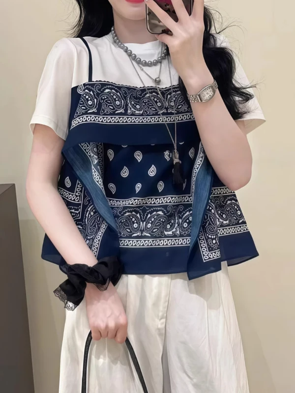 Faionable ort Sve Fake Two-Piece Women's T-irt plus Size Creative Design Korean Sle Loose Fit Summer Top