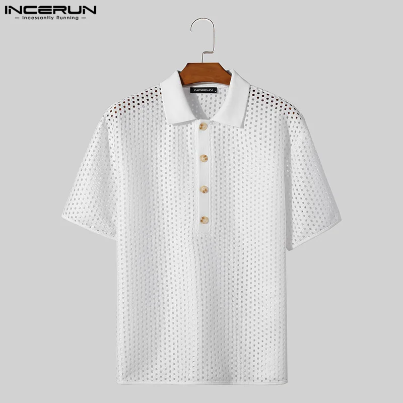 Fashion Well Fitting Tops INCERUN Mens Hollow Stand Collar Design Shirts Casual Streetwear Male Solid Short Sleeved Blouse S-5XL