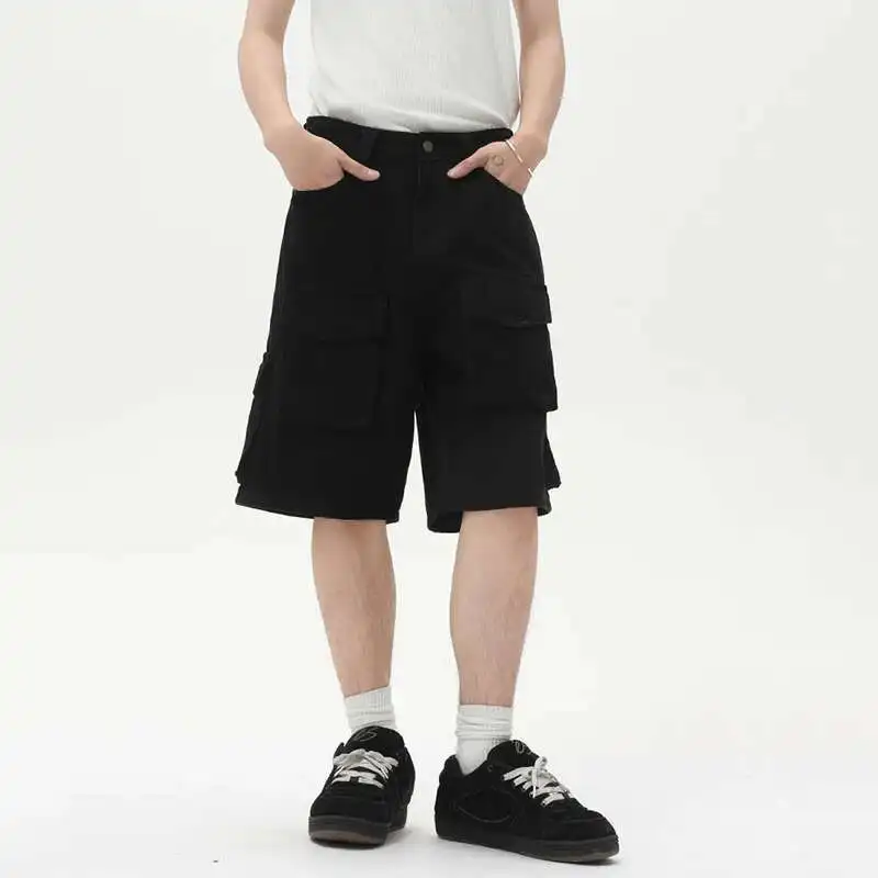 

Повседневные винтажные мужские шорты с несколькими карманами, однотонные стиральные брюки, прямые широкие брюки, свободные мужские брюки, простые FTE3